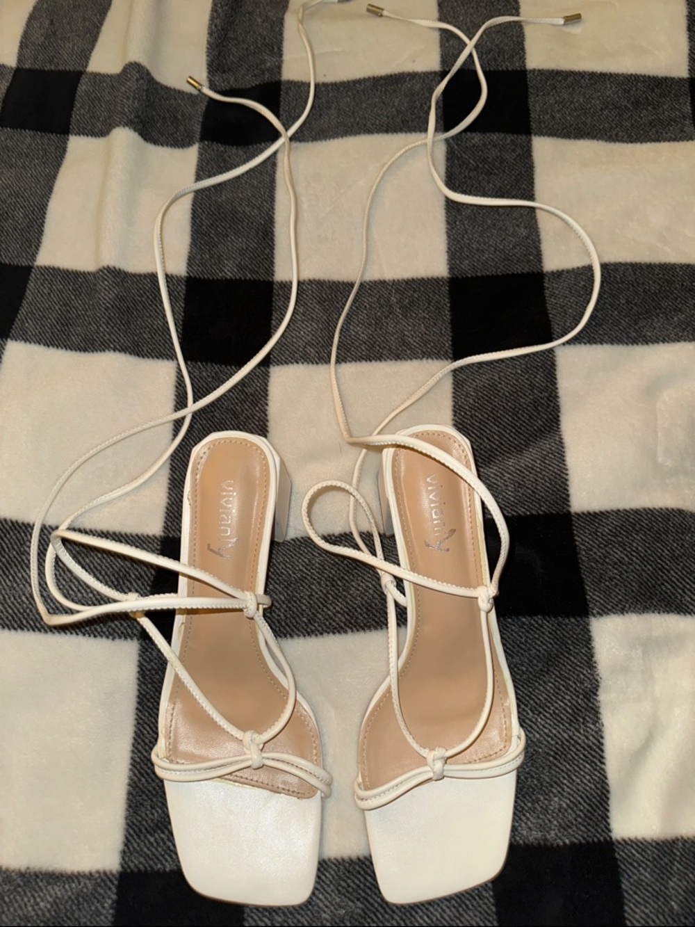 Vivianly White Lace-Up Square Toe Strappy Sandals